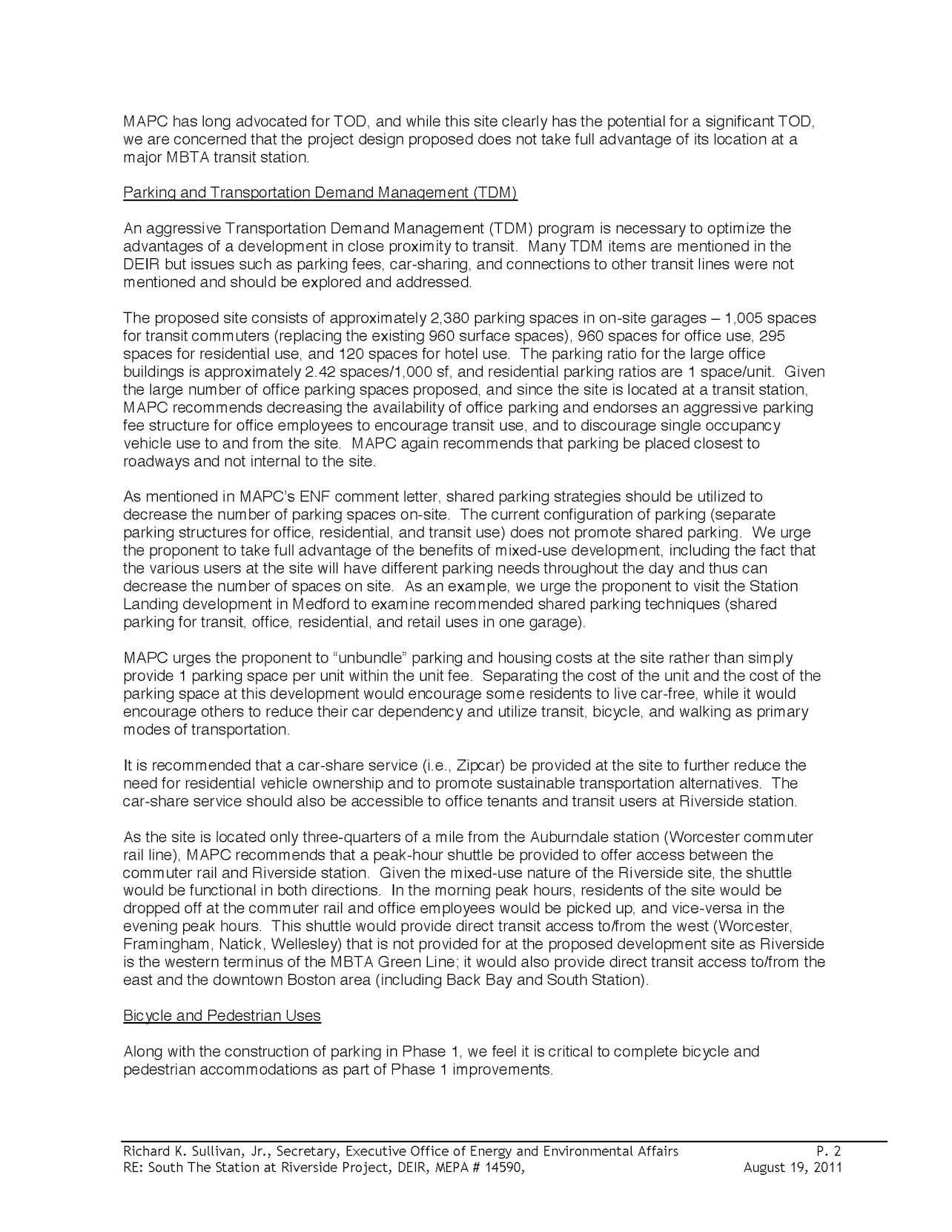 This section provides a letter from MAPC to the City of Newton containing comments on the Station at Riverside DEIR.